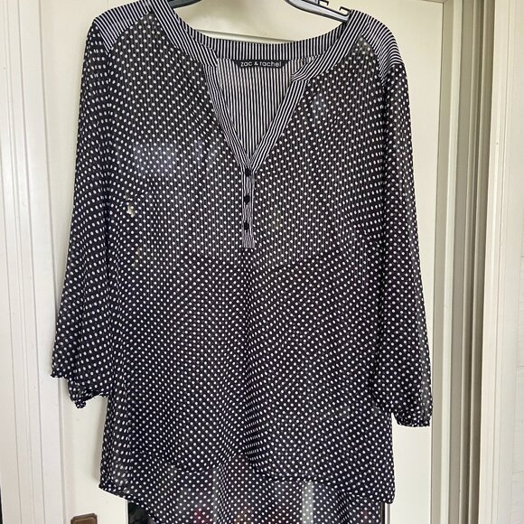 Zac & Rachel Navy Blouse Stripes Polka Dots XL Sheer Work Wear Business Casual - Picture 1 of 6
